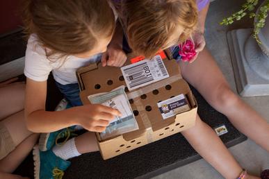 Kids holding Shipping Box with Chickens inside. 