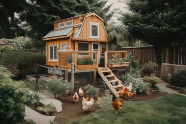 A chicken coop in a backyard