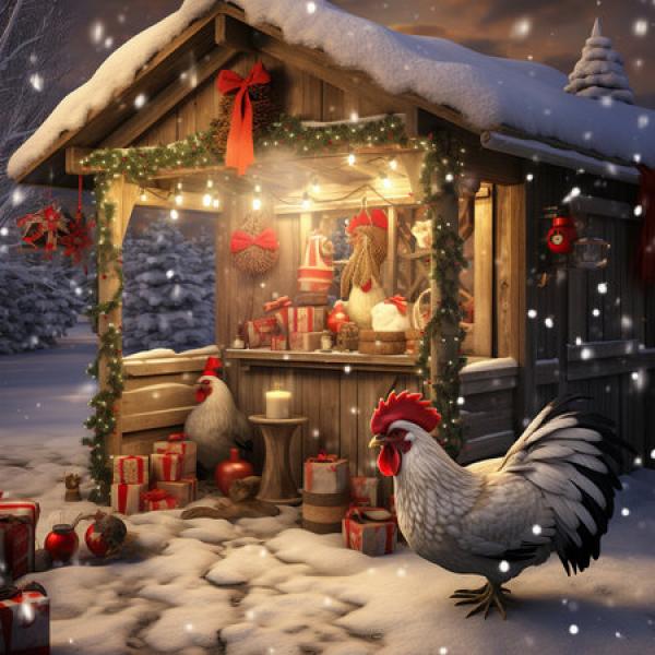 An animation of chickens outside of a coop that has been decorated for the holidays