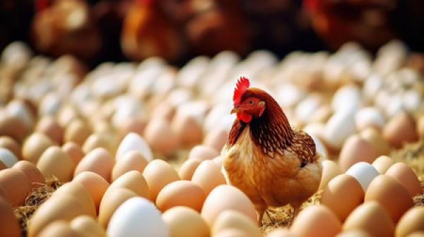 A chicken sitting among a large amount of freshly-hatched eggs.