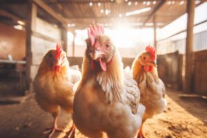Three chickens inside a coop in the daytime with natural lighting. The chickens are looking directly at the camera.