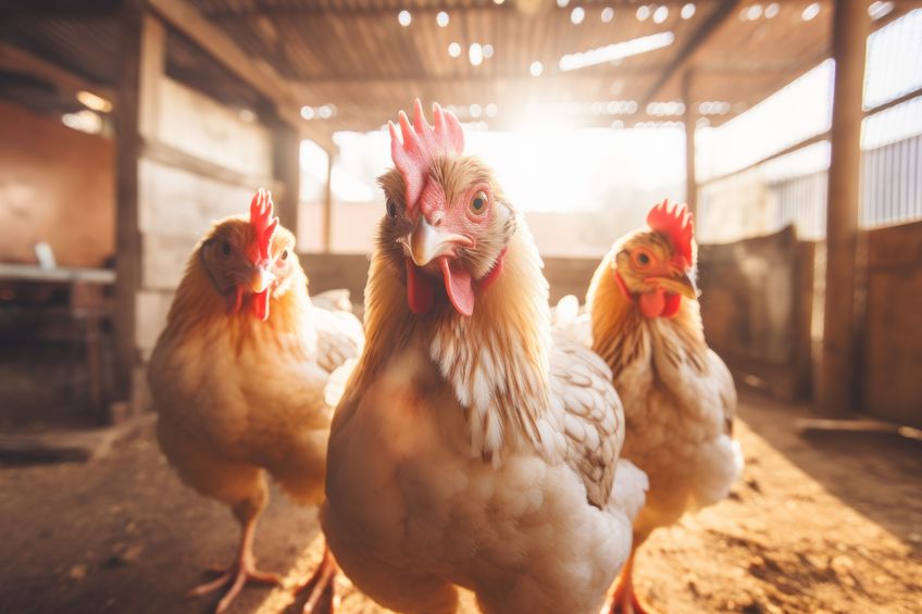 Three chickens inside a coop in the daytime with natural lighting. The chickens are looking directly at the camera.